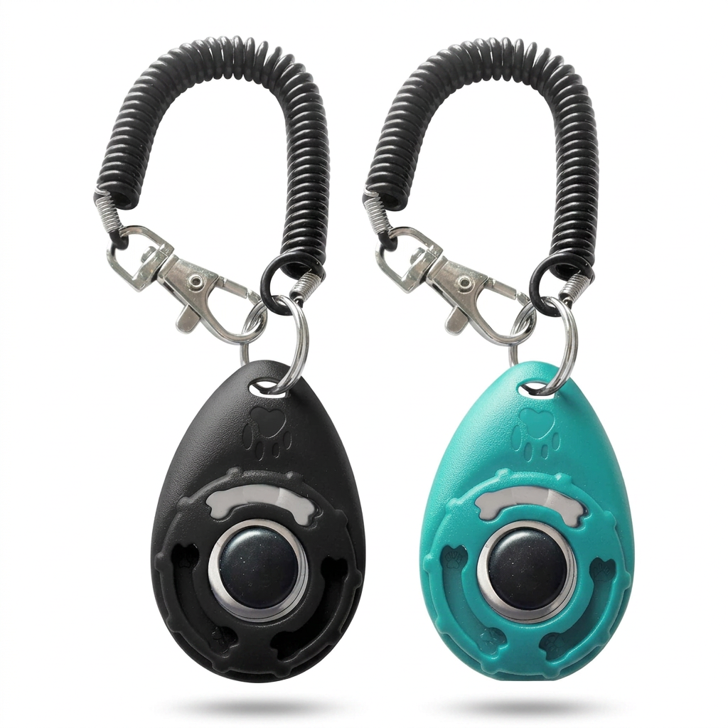 Pet training clicker in black and blue, with ergonomic wrist strap.