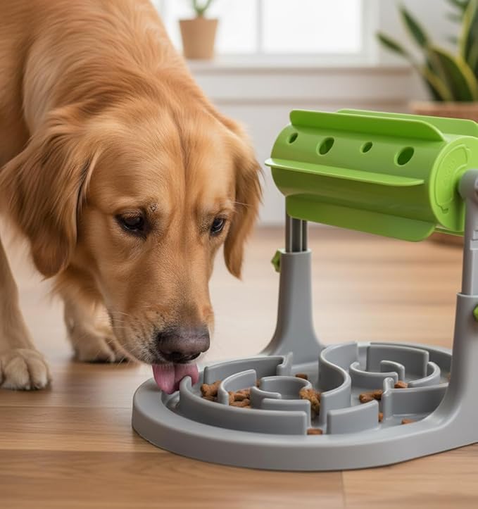 Dog and cat food puzzle toy with treat compartment, suitable for supervised daily pet feeding use.