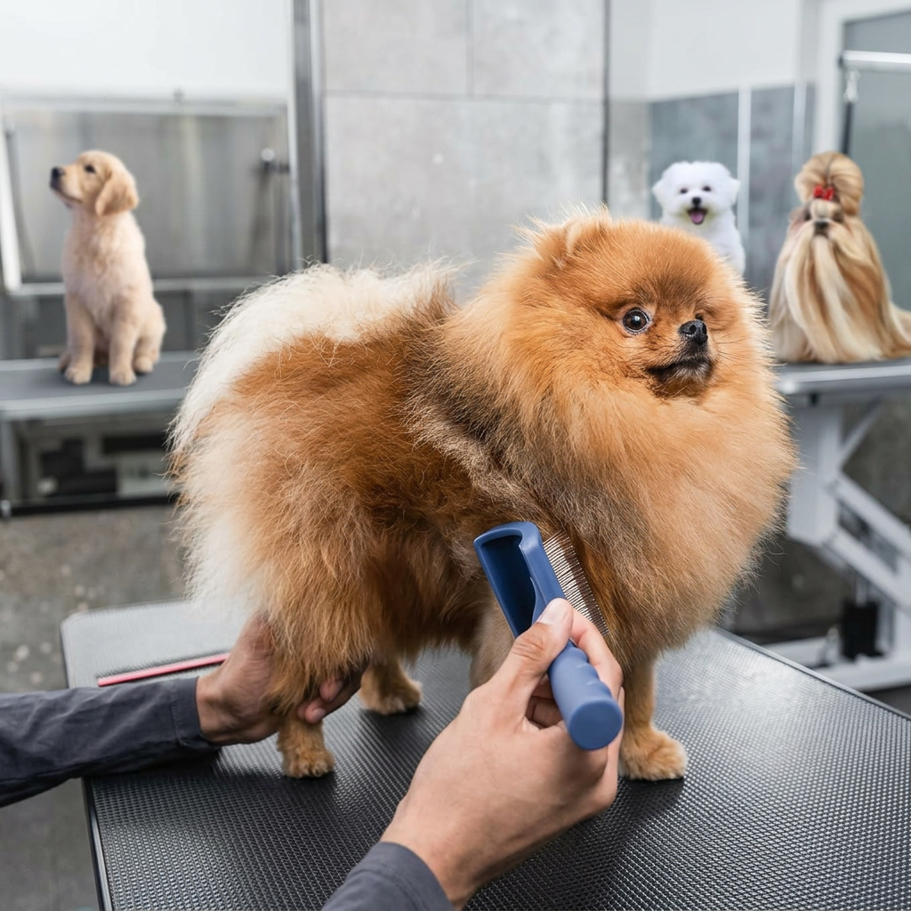 Angled pins dog brush for undercoat management and comfort