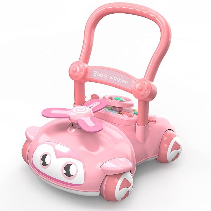 Pink infant push walker with car design, four wheels and easy-grip handle