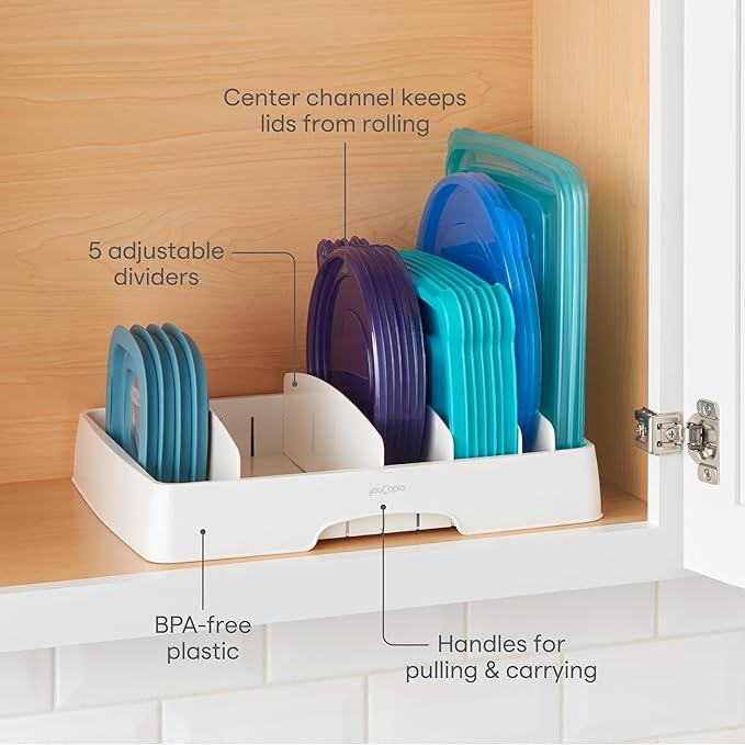 Plastic lid storage rack for keeping kitchen container lids upright and organized.