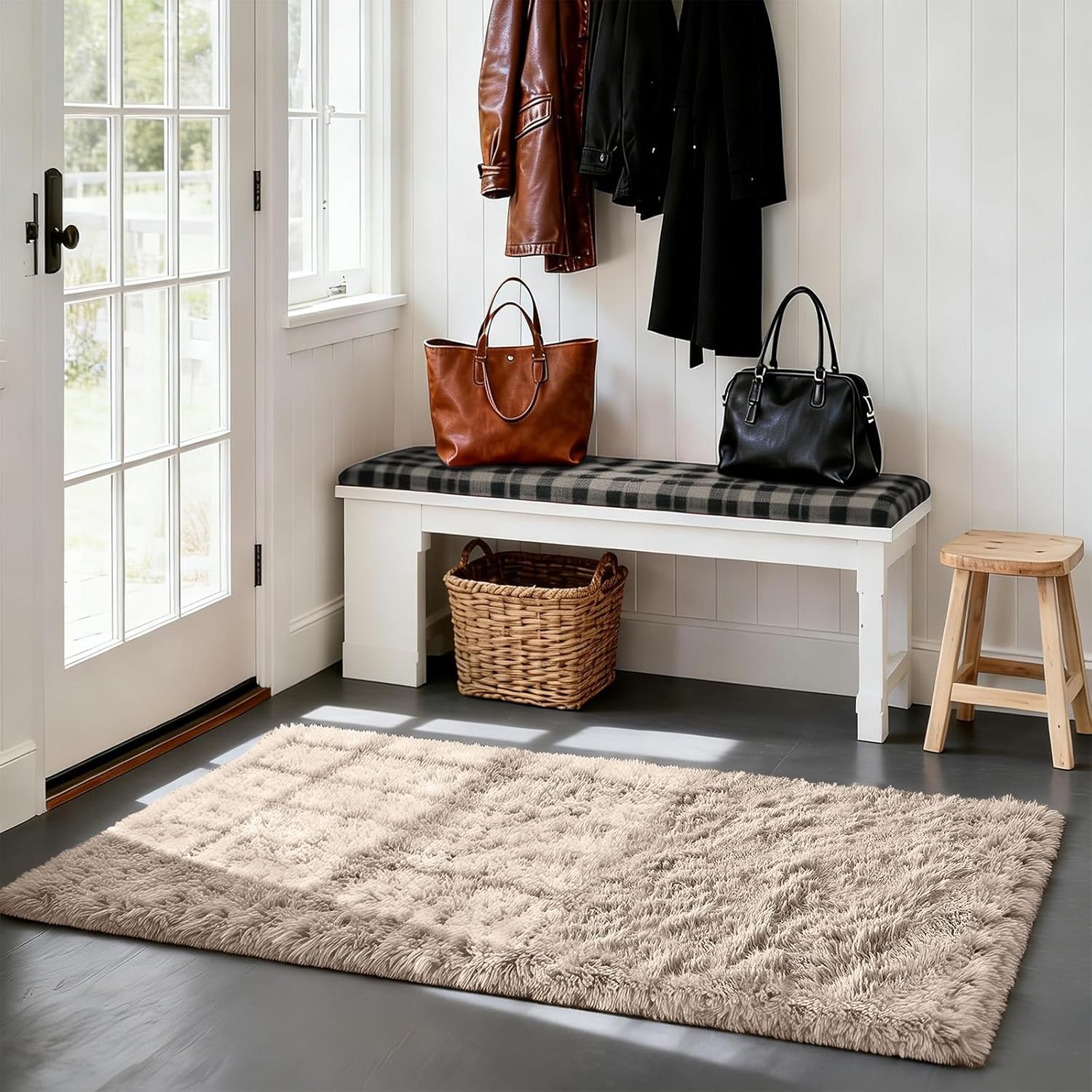 Plush beige area rug for living room decoration