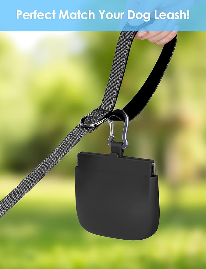 Portable black dog treat pouch with belt clip for easy access during walks and training