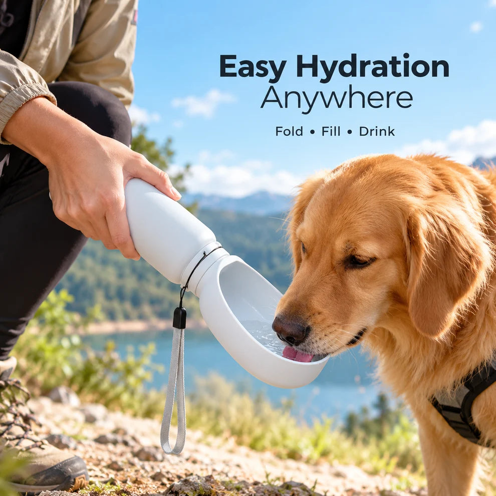 Portable foldable dog water bottle with integrated drinking cup