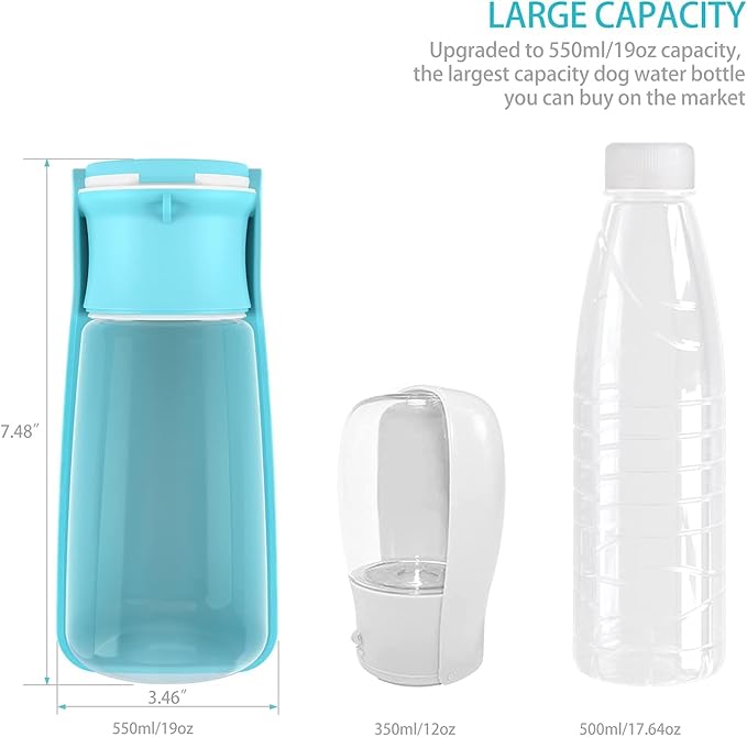 Portable dog water bottle with attached collapsible bowl, 12oz and 19oz options