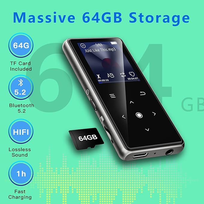 Portable MP3 Player with HiFi Sound and included earphones, great for workouts and travel.