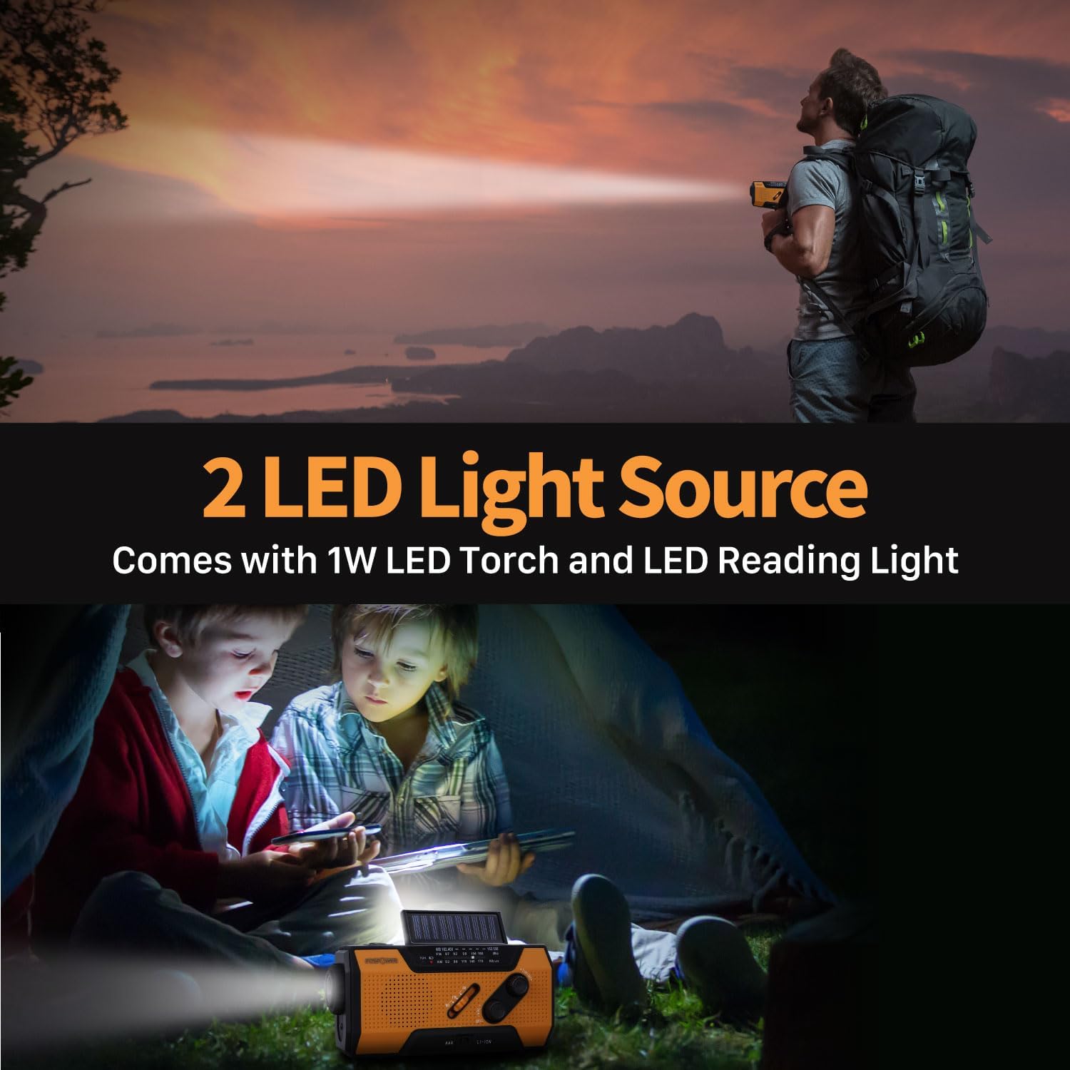 Portable 7400mWh power bank emergency radio with USB, solar, and hand crank charging.