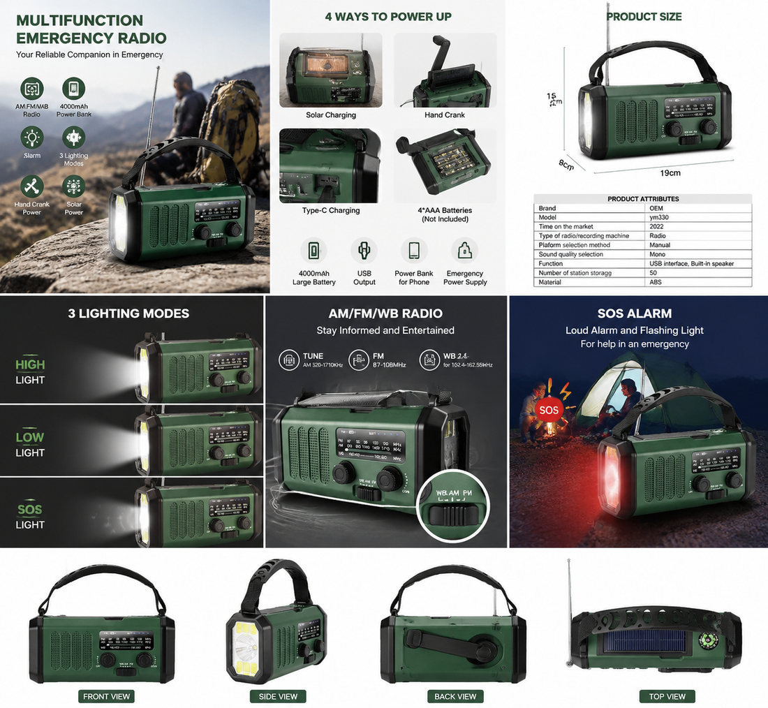 Portable radio with USB and solar charging, featuring AM, FM, and WB bands for complete coverage.