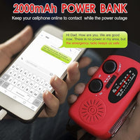 Portable radio with 2000mAh power bank, LED flashlight, and multiple charging options for emergencies.