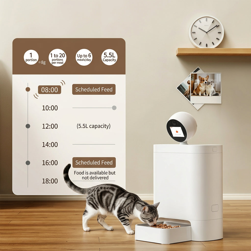 Portion control pet feeder for measured dry food dispensing