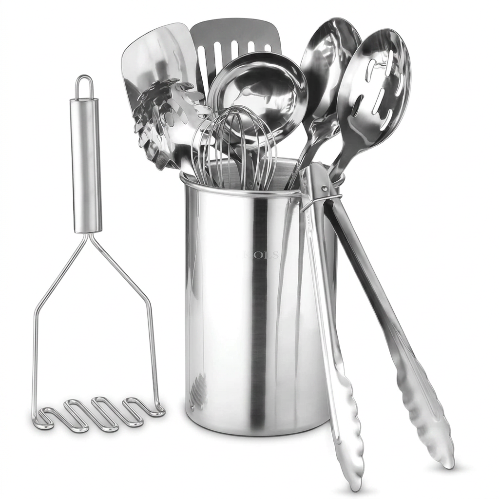 Modern Stainless Steel Cooking Utensils with Space Saving Holder