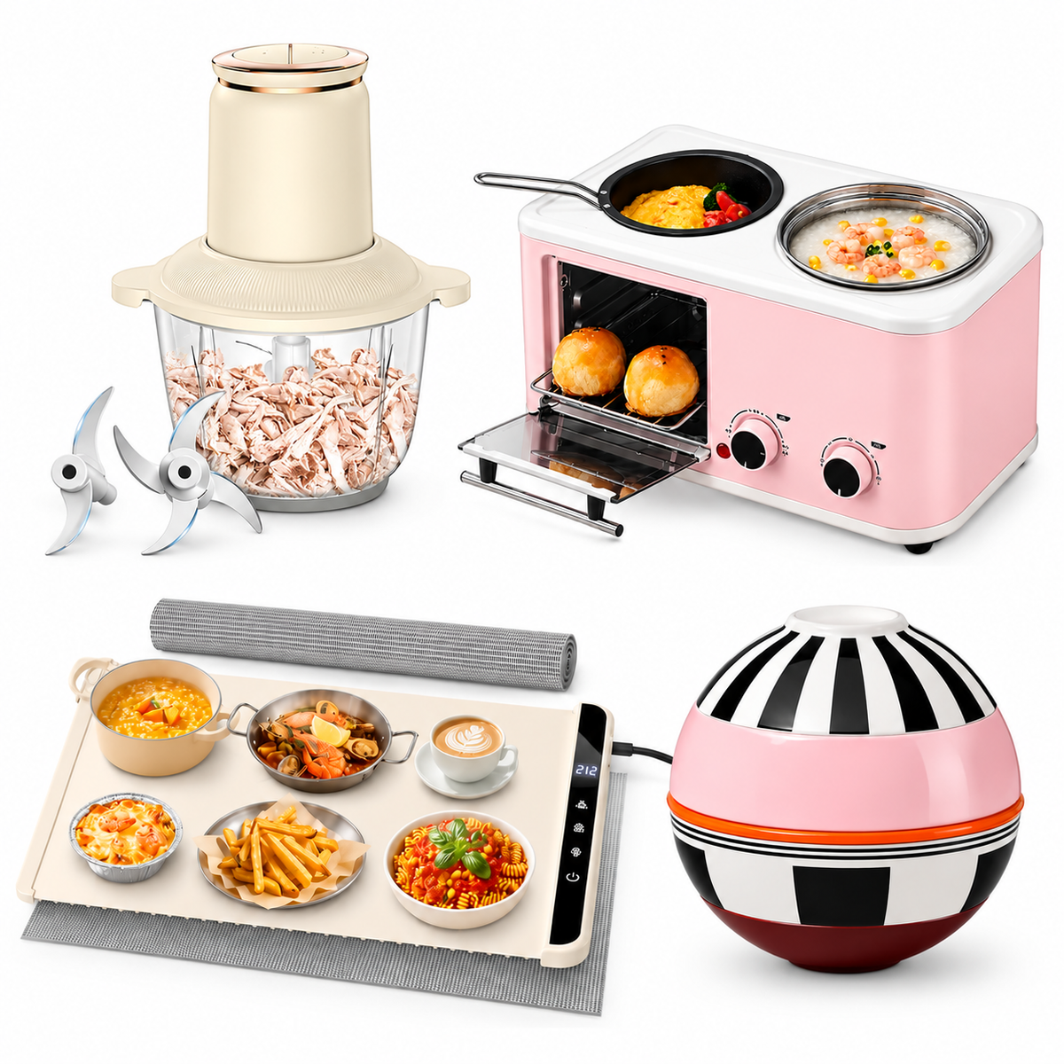 Cook-to-table kitchen bundle with cooking oven, electric chopper, food warming mat and 5-piece serving bowl set