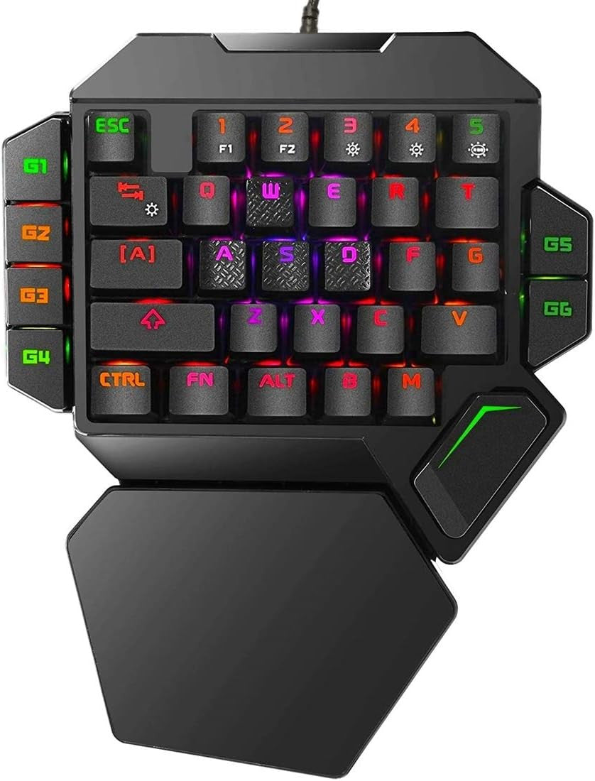 RGB one handed mechanical gaming keyboard front view with wrist rest
