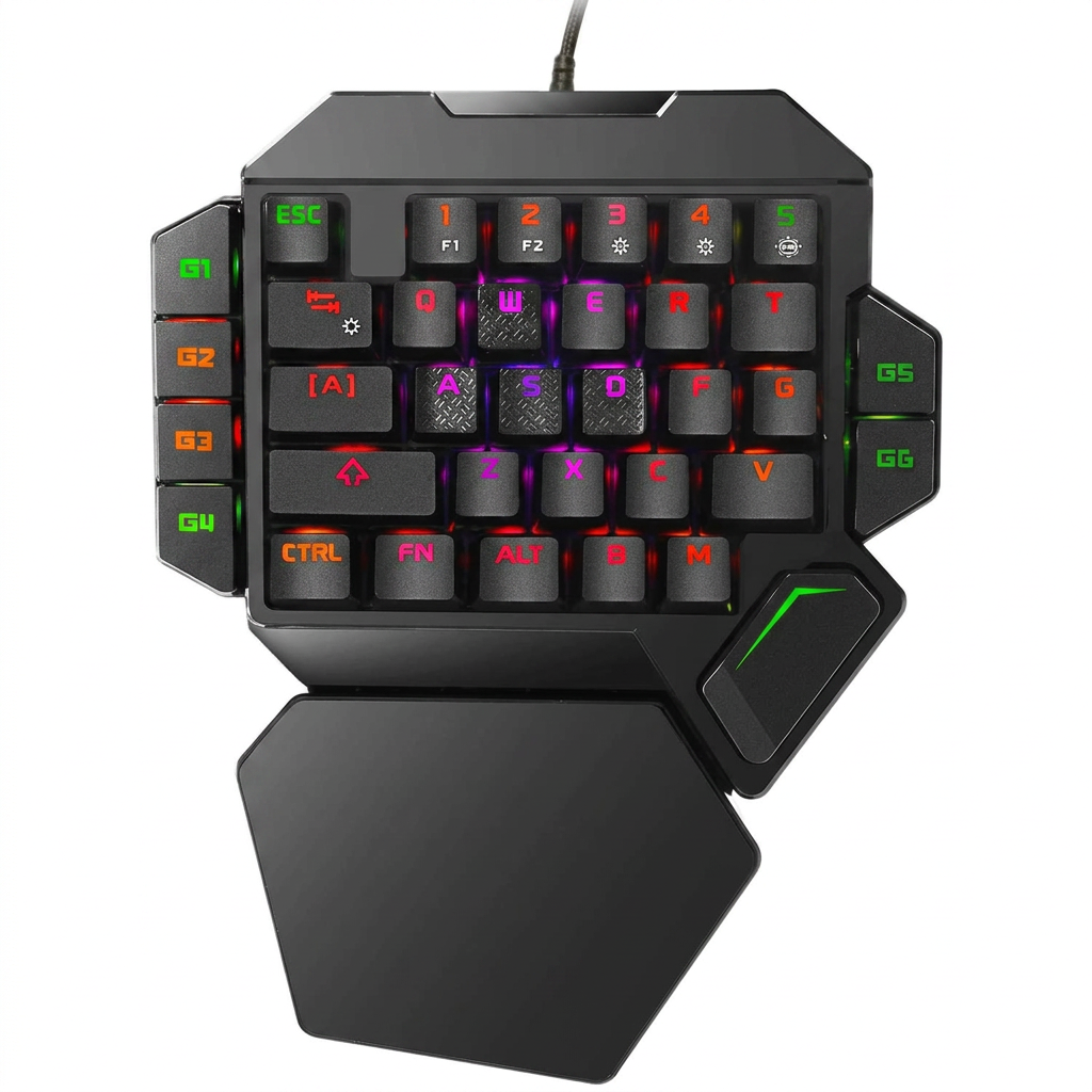 RGB one handed mechanical gaming keyboard front view with wrist rest