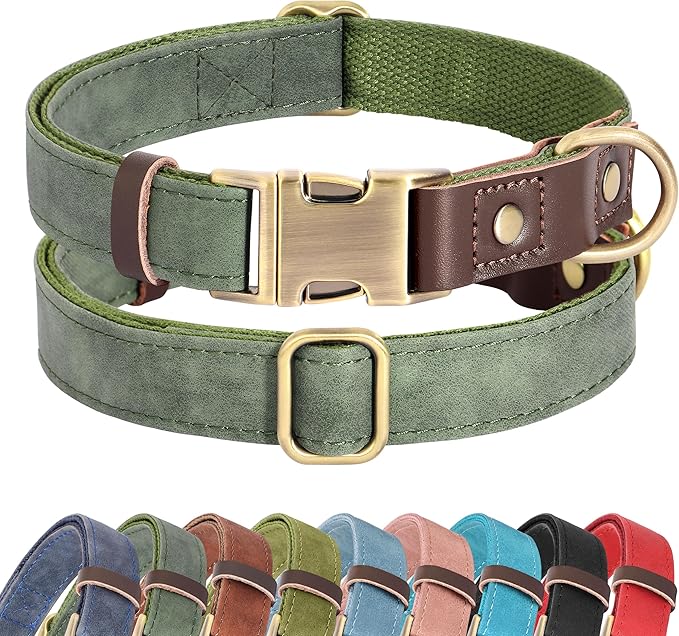 Soft PU leather dog collar in green for medium dogs with adjustable fit