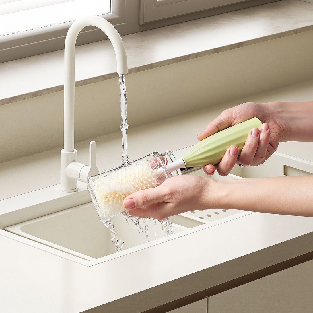 Push-press bottle brush for efficient cleaning, designed for bottles, straws, and travel mugs.