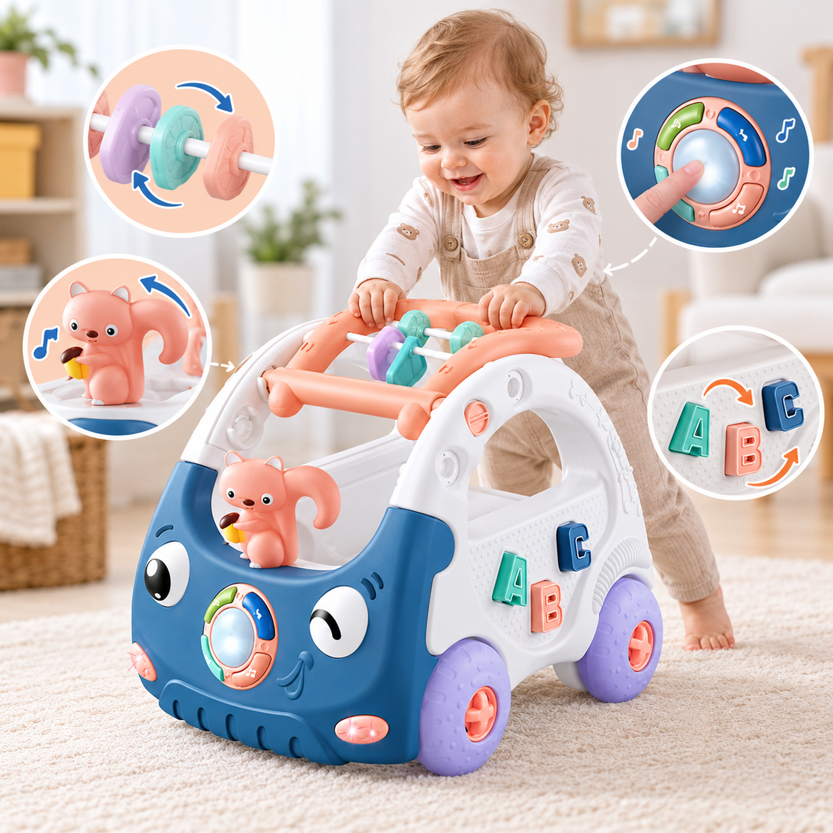 Push toy walker with colorful learning blocks and shape sorting play features