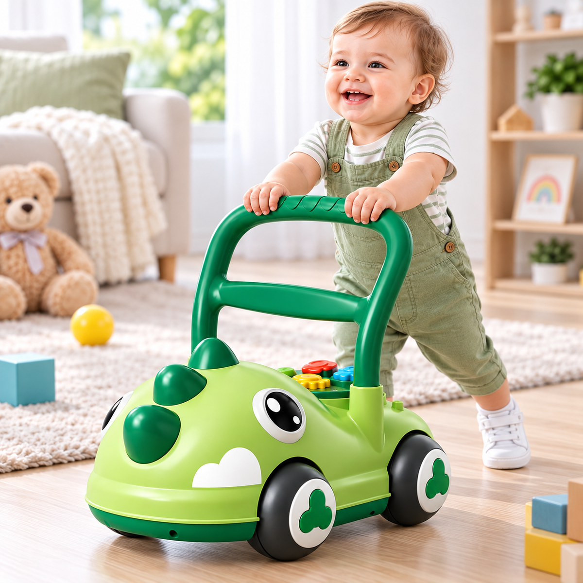 Push and walk toy for babies with a comfortable handle and rolling wheel design