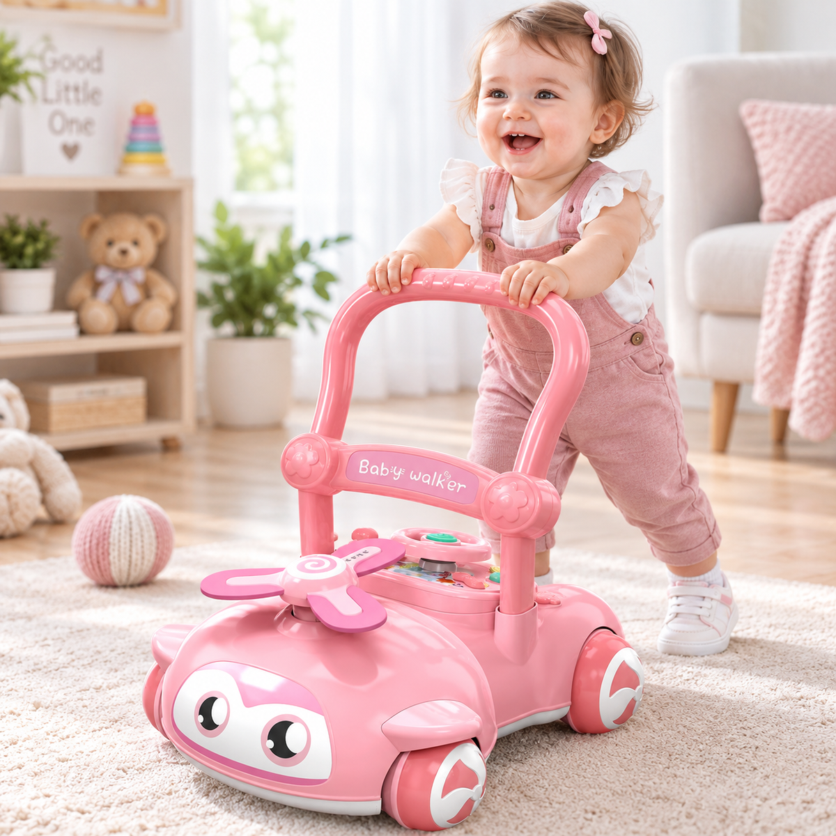 Pushable walker activity toy with steering-wheel-style controls and colorful play elements