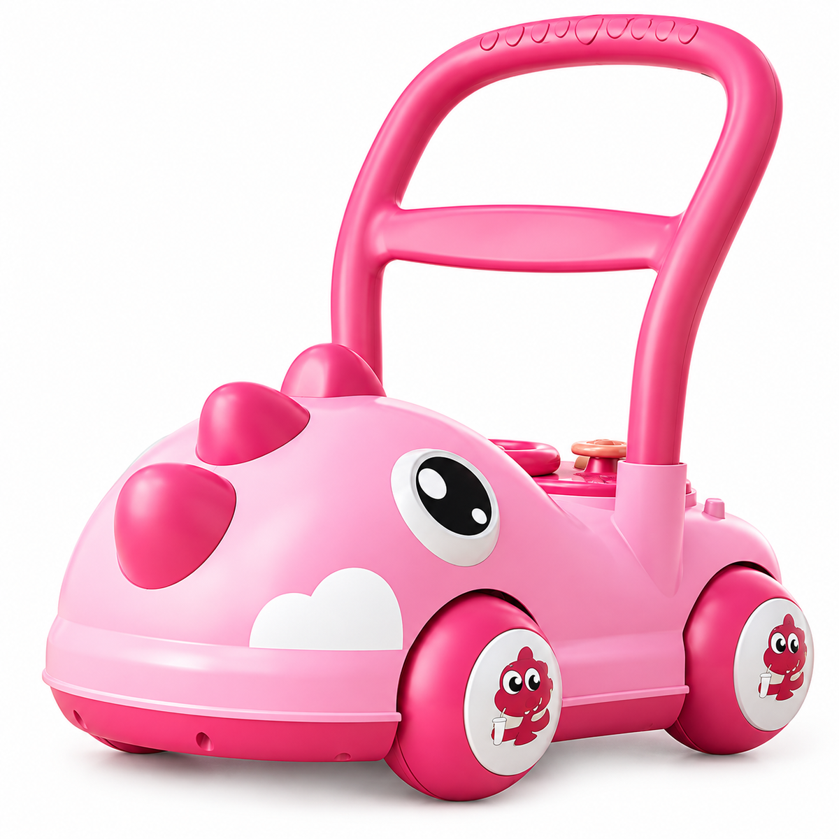 Pushable walker designed for supervised early walking practice and interactive play