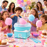 Cotton candy maker with quick heat-up functionality shown during dessert preparation.