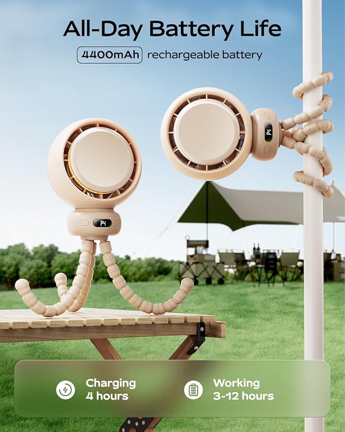 Quiet portable baby fan, USB rechargeable for stroller use and travel.