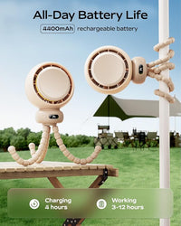 Quiet portable baby fan, USB rechargeable for stroller use and travel.