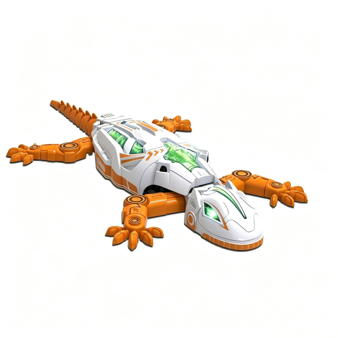 White and orange remote control wall climbing lizard toy with green LED-style details and segmented tail on a white background.