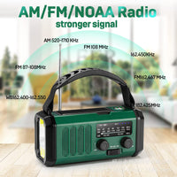 radio showing FM, AM, and WB channel tuning options for reliable news and weather broadcasts.