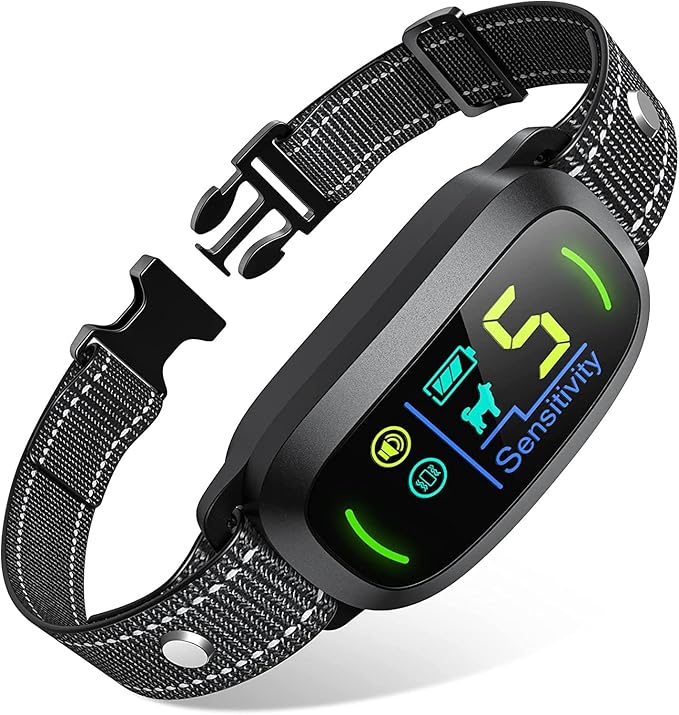 Rechargeable dog bark collar with adjustable sensitivity and beep/vibration modes for medium, large, and small dogs. Black anti-barking training collar for effective dog training.