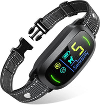 Rechargeable dog bark collar with adjustable sensitivity and beep/vibration modes for medium, large, and small dogs. Black anti-barking training collar for effective dog training.