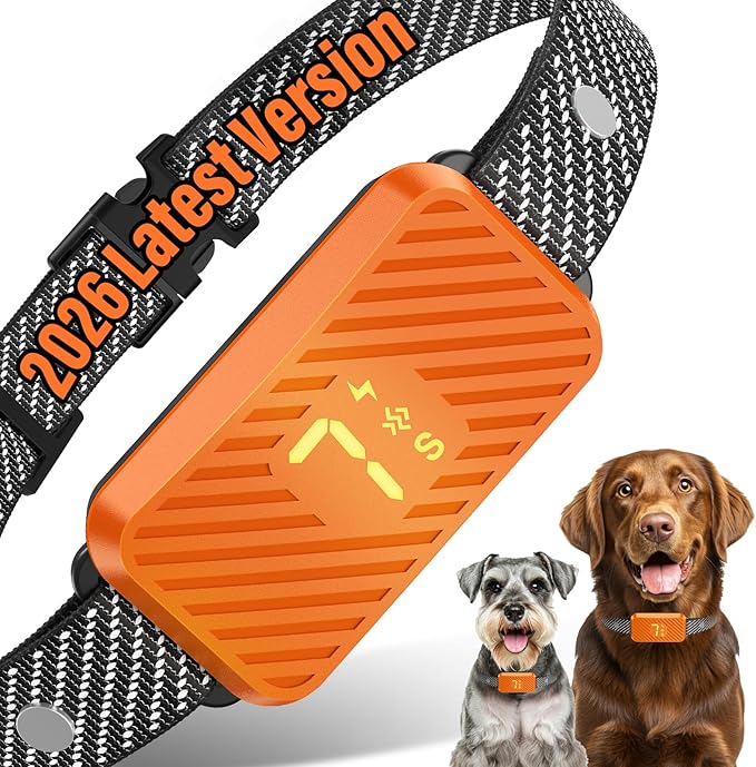 Rechargeable dog bark collar in neon orange with 7-level sensitivity and 3 modes for effective barking control
