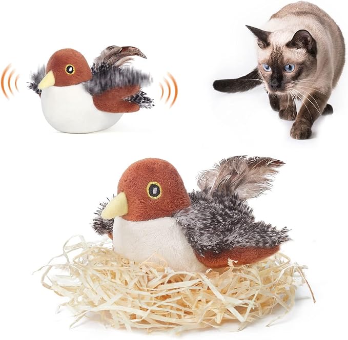 Rechargeable Flapping Bird Sparrow Cat Toy with Lifelike Chirp and Touch Activation