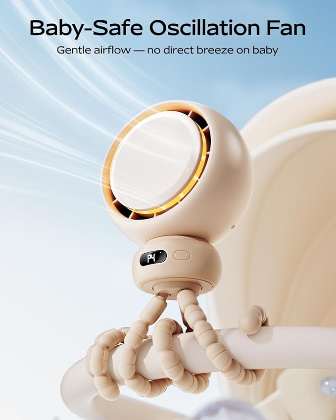 Rechargeable stroller fan with 60° oscillation and adjustable speed for baby comfort.