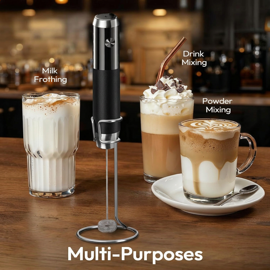 Rechargeable drink foam tool for latte and cappuccino preparation