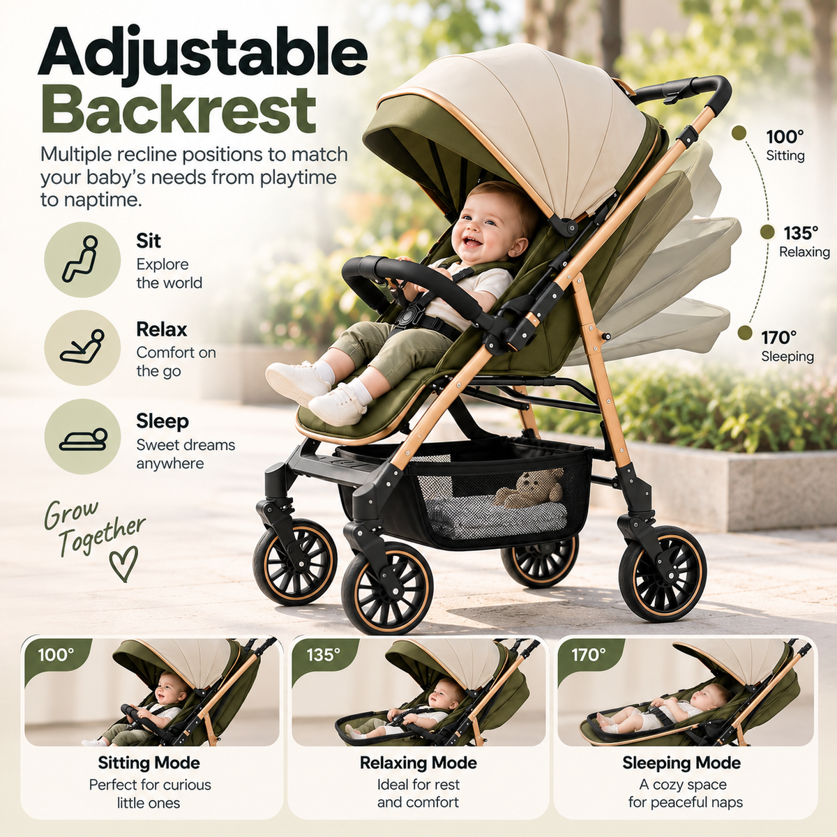 Reclining baby pushchair with integrated safety harness and comfortable padded seating