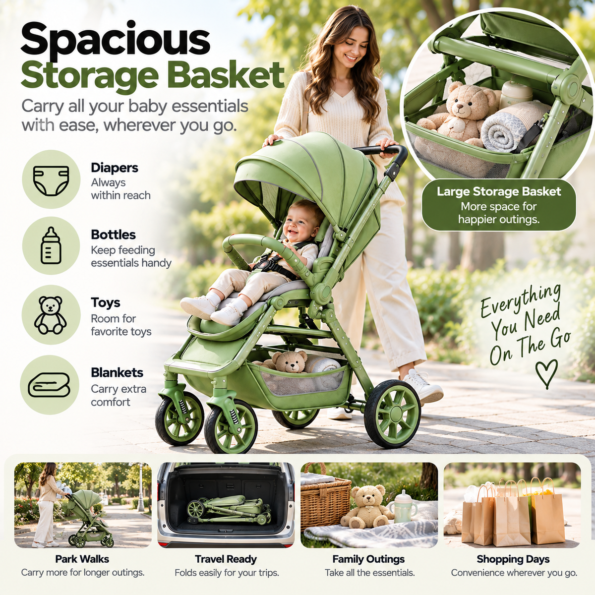 Reclining-style baby pushchair with padded seat, integrated harness and protective bumper bar