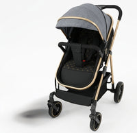 Infant stroller with reclining-style padded seat and adjustable sun canopy for everyday outings