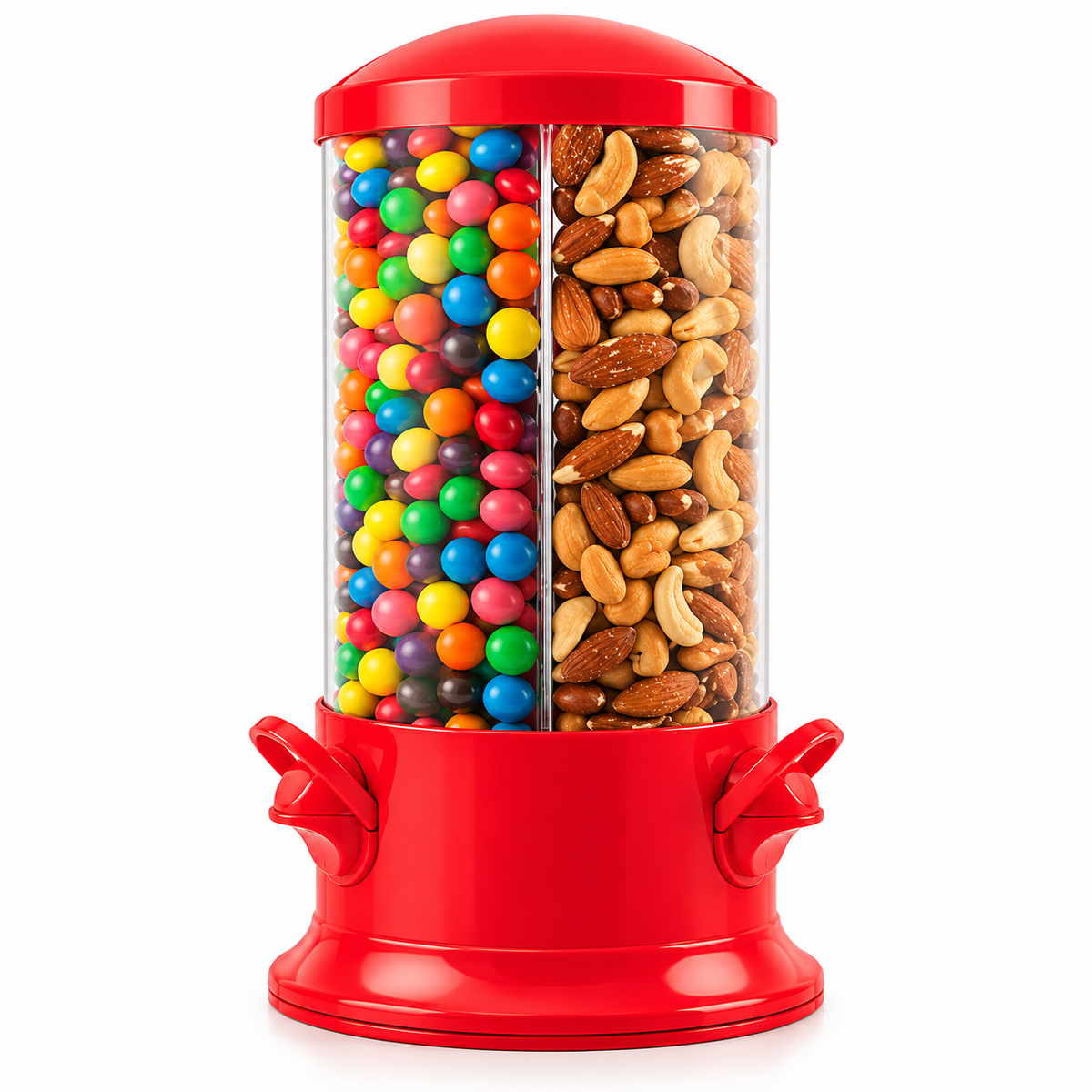 Red triple candy dispenser with three storage compartments displayed against a clean white background.