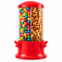 Red triple candy dispenser with three storage compartments displayed against a clean white background.