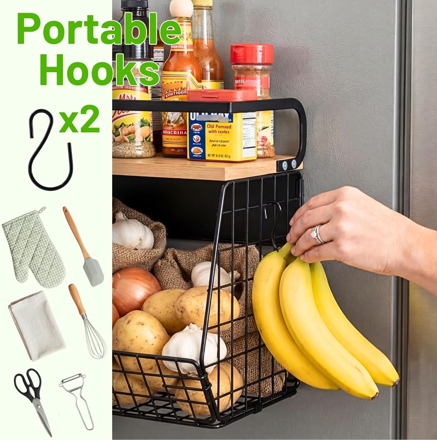 Refrigerator magnetic storage rack for spice jars, packets, and small kitchen accessories.