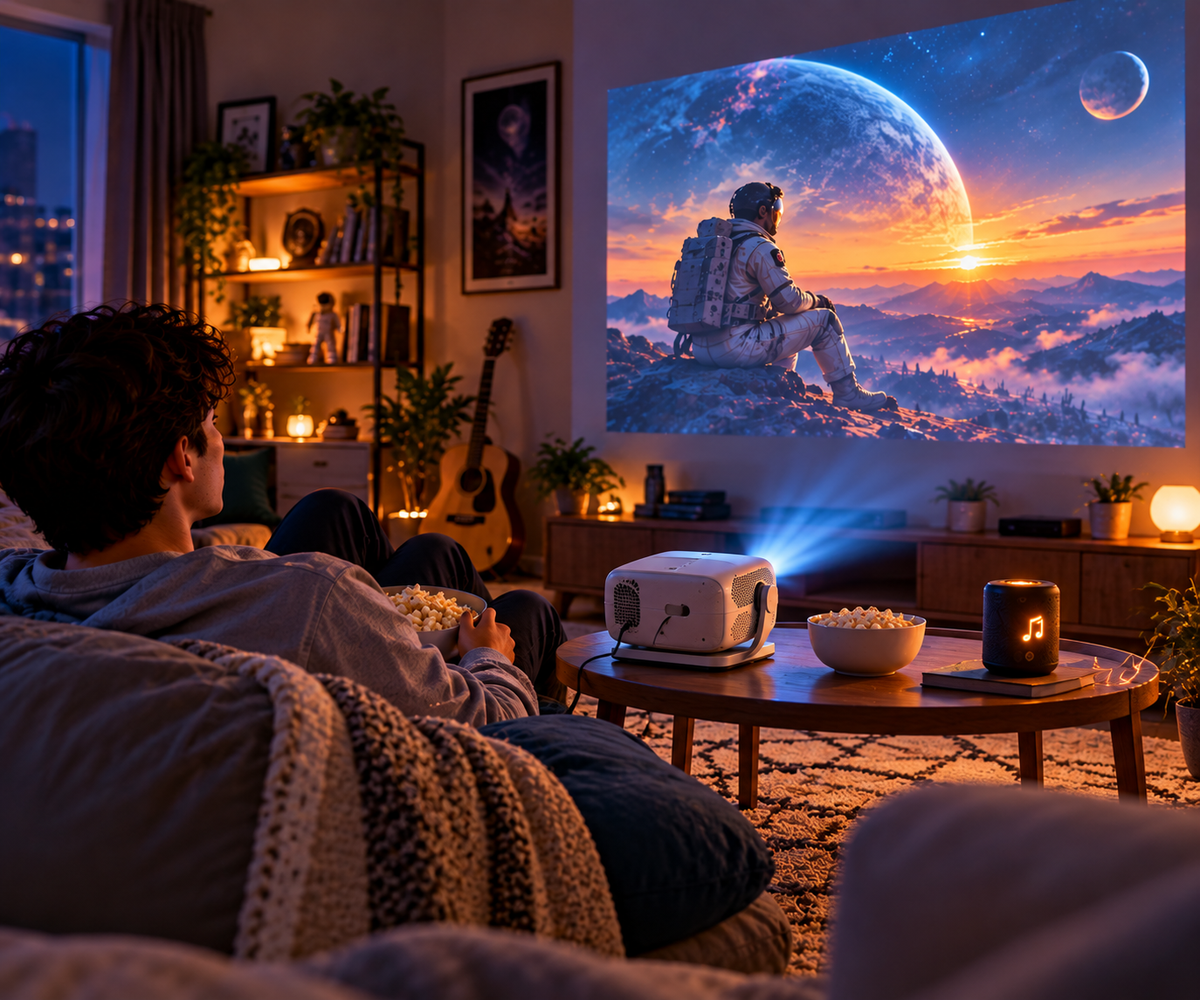 Electric mist humidifier creating a relaxing bedroom atmosphere with ambient lighting
