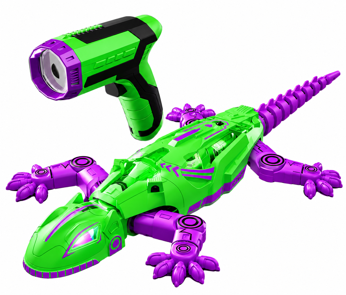 Group of excited children watching a boy operate a remote control wall climbing lizard toy indoors.