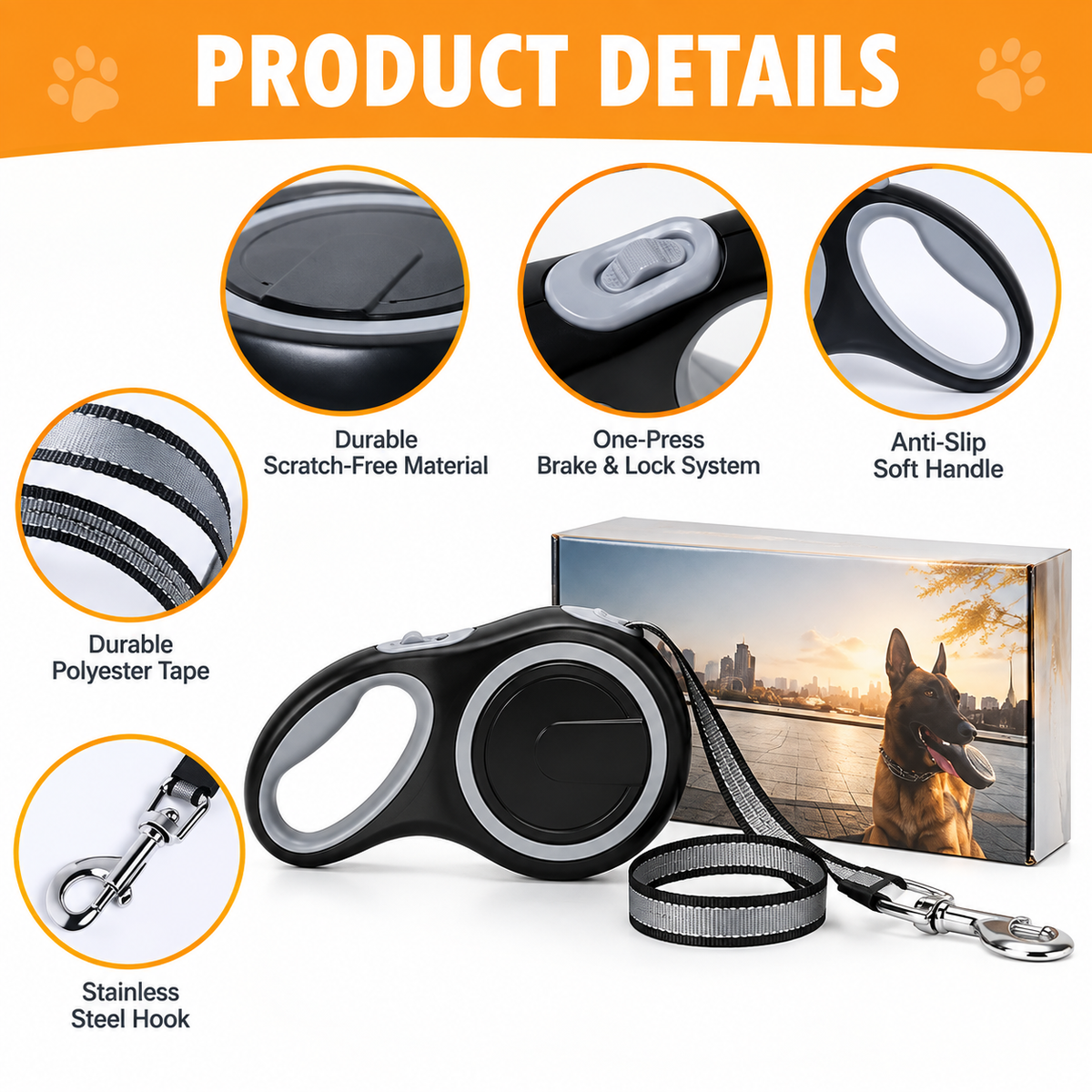 Retractable dog leash with easy lock and release control