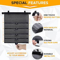 Retractable roller sunshade for car windows, UV protection for kids and family.