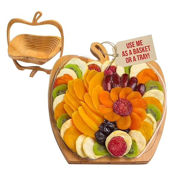 Folding wooden tray supplied with an assorted dried fruit selection