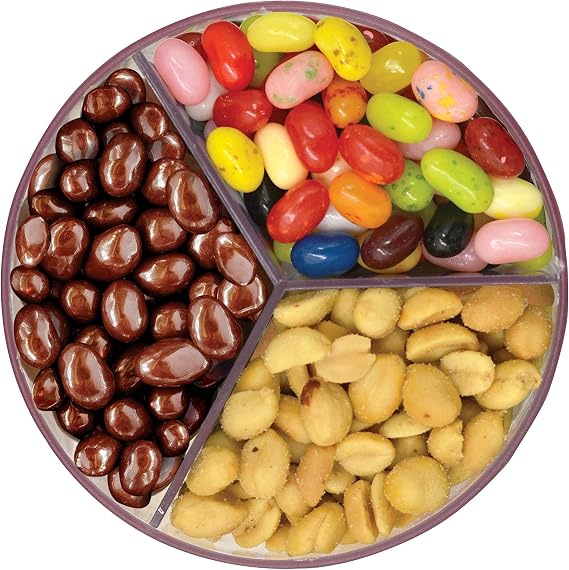 Three-section candy organiser displayed on a kitchen countertop for everyday snack storage.