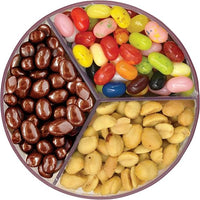 Three-section candy organiser displayed on a kitchen countertop for everyday snack storage.