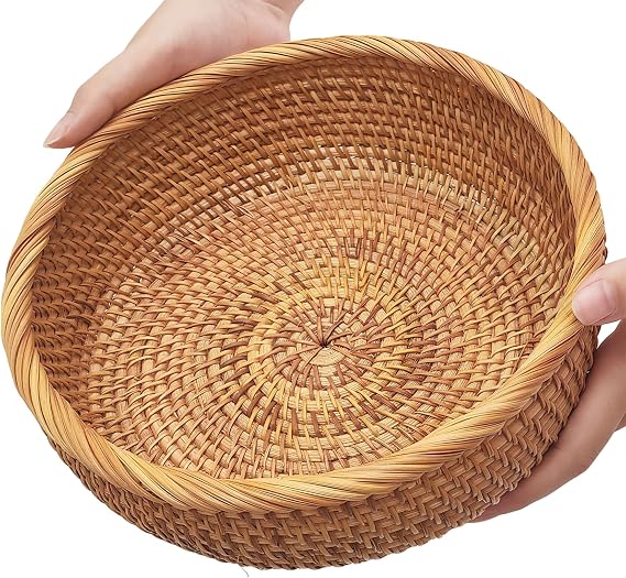 Round natural rattan wicker bread basket shown from the front