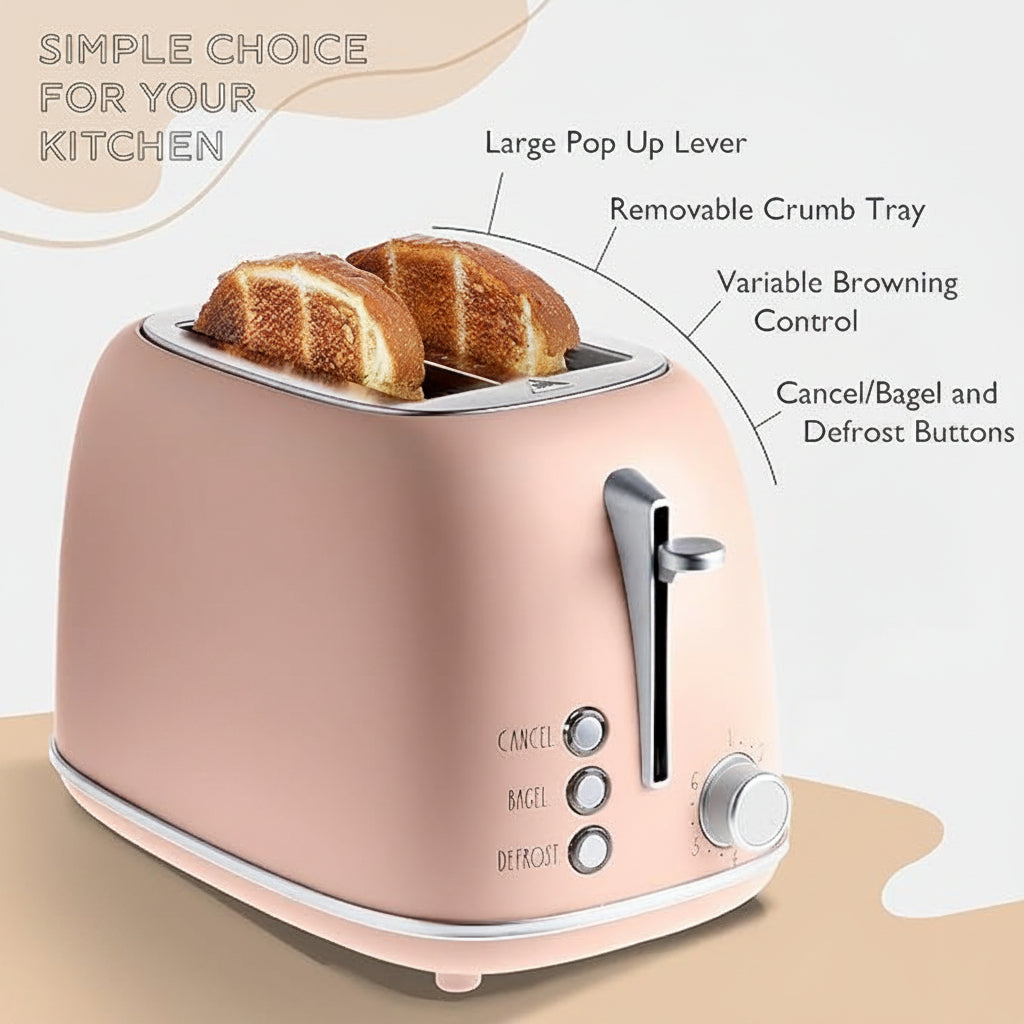 Rounded 2 slice blush stainless steel toaster with wide slots for everyday kitchen use